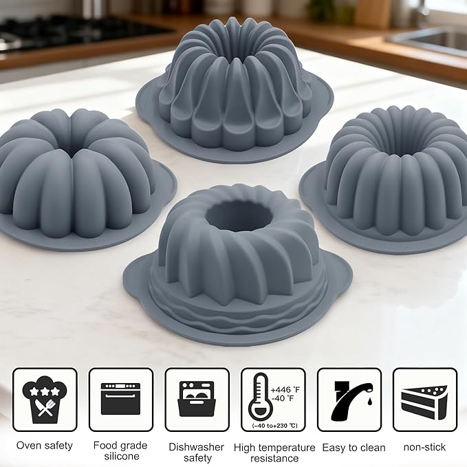 Tongjude 4 Pieces Silicone Fluted Tube Cake Pans, 10 Cups Tube Baking Pan, Jello Mold, Silicone Molds for Homemade Cake, Bread and Jello, Non-Stick, Grey