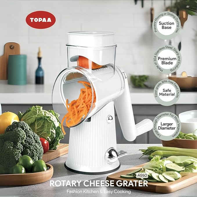 TOPAA Rotary Cheese Grater with Handle Vegetable Shredder with 5 Blades, Round Mando line Slicer and Food Chopper for Kitchen (White)