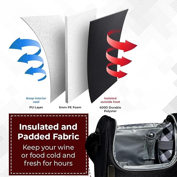 Truvelli Black Insulated Wine Tote Bag: Portable 2 Bottle Cheese Waterproof Black Canvas Carrier Picnic Kit - Stopper Attachment, Plus Wooden Charcuterie Board