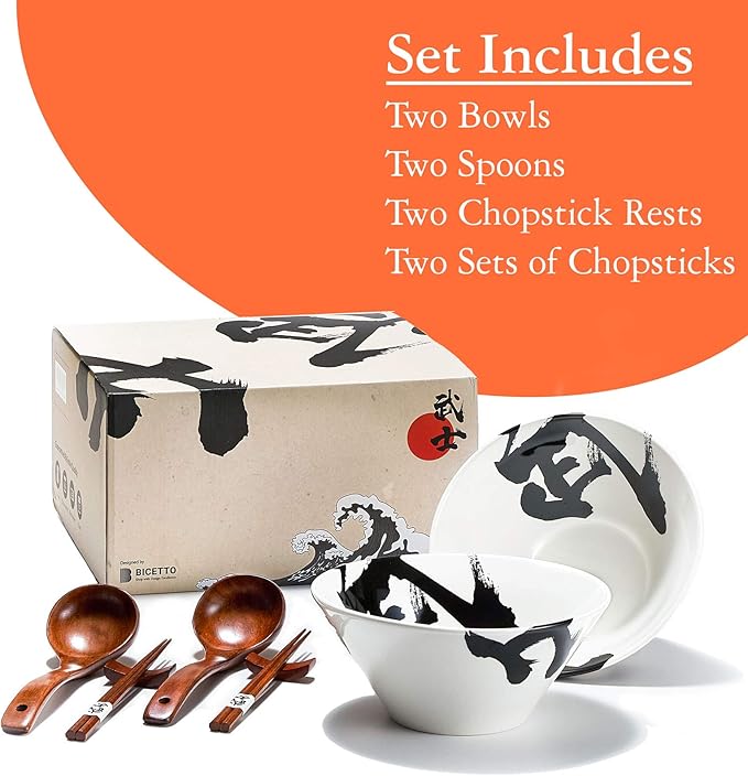 Japanese Ceramic Ramen Bowl Set, 60oz Large Ramen Bowls with Chopsticks, Spoons and Chopstick Rests – Bowl for Ramen, Pho, Salad, Poke, Soup, Udon – Minimalist Design, Premium Quality, White