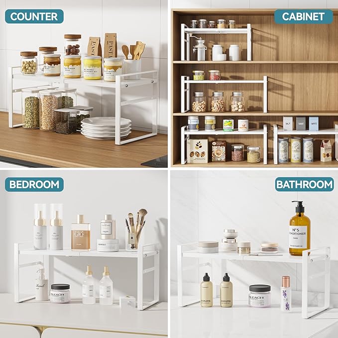 Expandable Cabinet Shelf Organizer Riser for Kitchen Pantry Cupboard Under Sink Countertop Home Storage Organization Rack Space Saver