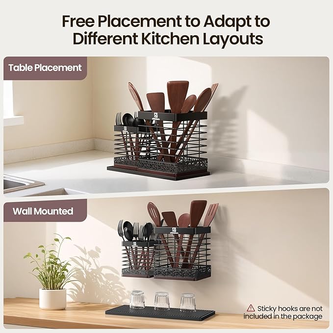 Extra Large Utensil Holder for Kitchen Counter, Matte Black Metal Cooking Utensil Caddy Organizer with Wooden Draining Base, Countertop Spatula Cutlery Storage with Silicone Dish Drying Mat