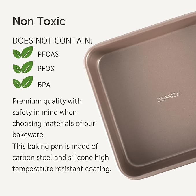 HAPPIELS Nonstick Non Toxic 9x13 in Baking Pan for oven | Cake Mold 9 x 13 Non Stick Nontoxic | Carbon Steel Gold Brownies Pans 13x9 inches | Rectangle Brownie Tray 9 by 13 inch | Baking Ware