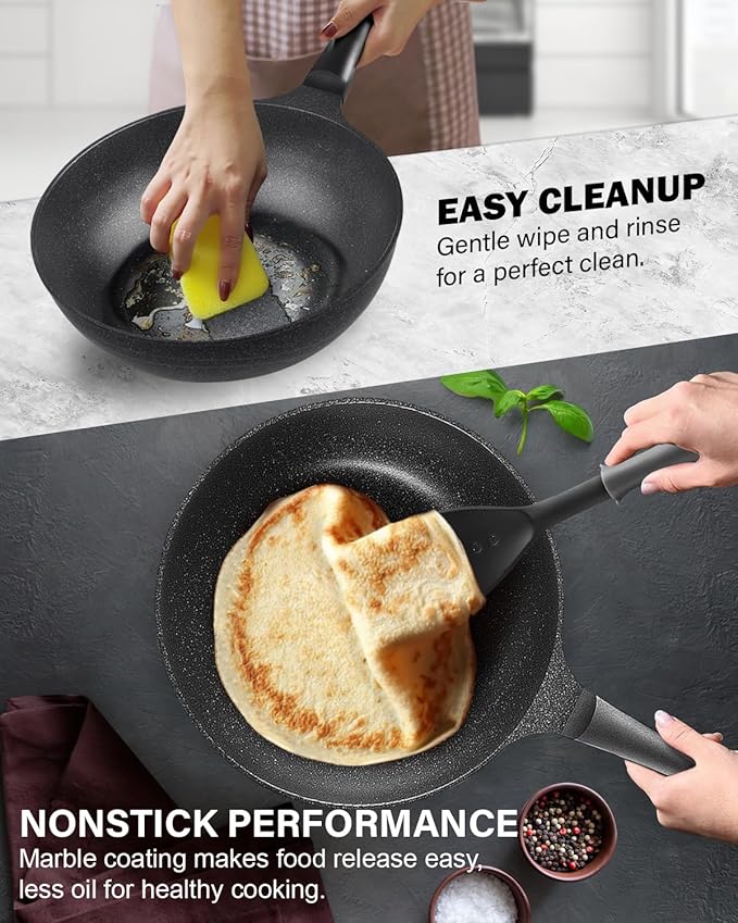 Cook N Home Marble Nonstick Cookware Saute Fry Pan, 8-inch + 9.5-inch, Black