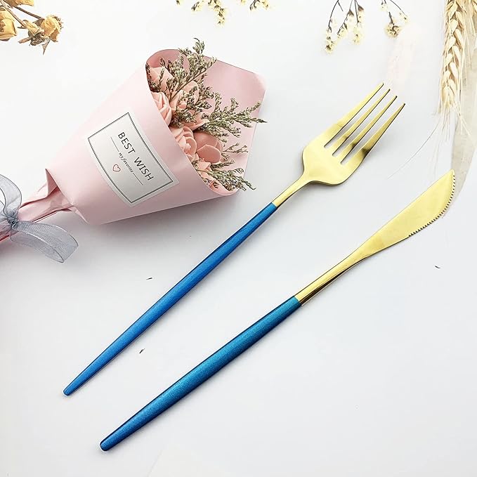 JASHII Flatware Serving Set 24 Piece, Stainless Steel Silverware Set, Blue Gold Cutlery Set, Modern Elegant Tableware Set for Party, Christmas, Dinner (Blue Gold)