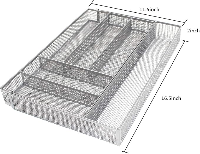 JANE EYRE Utensil Drawer Organizer - Expandable Cutlery Tray, Silverware/Flatware Storage Divider for Kitchen, Mesh Designing with Non-slip Rubber Feet (Silver)
