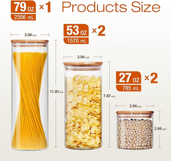 Glass Jars with Bamboo Lids [Muti Size Set of 5], Glass Canisters with Airtight Lids, Glass Food Storage Containers for Pasta, Oats, Coffee, Flour, Sugar, Rice, Best for Kitchen & Pantry