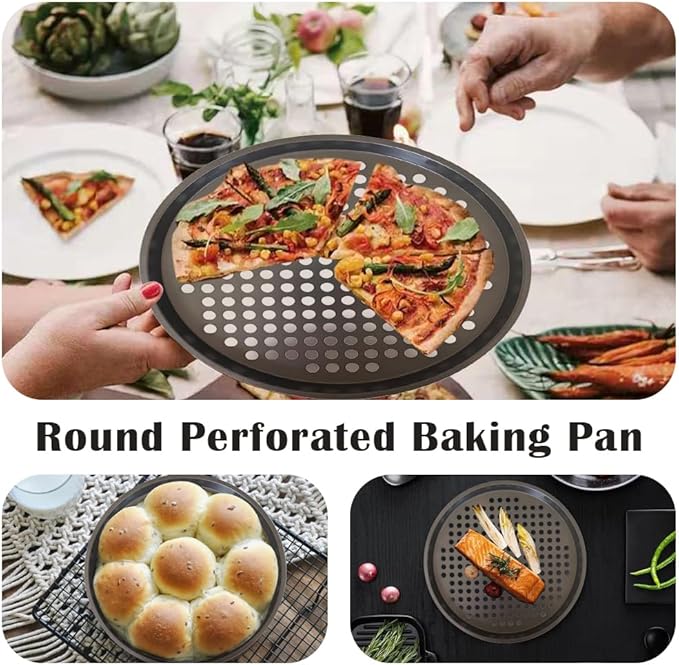 Perforated Pizza Pan, 2-Pack Oven Ready Pizza Tray, Carbon Steel Perforated Pizza Pan, Non-Stick Round Pizza Baking Pan for Frozen and Homemade Pizza Home Kitchen Restaurant - 11 Inch, Black
