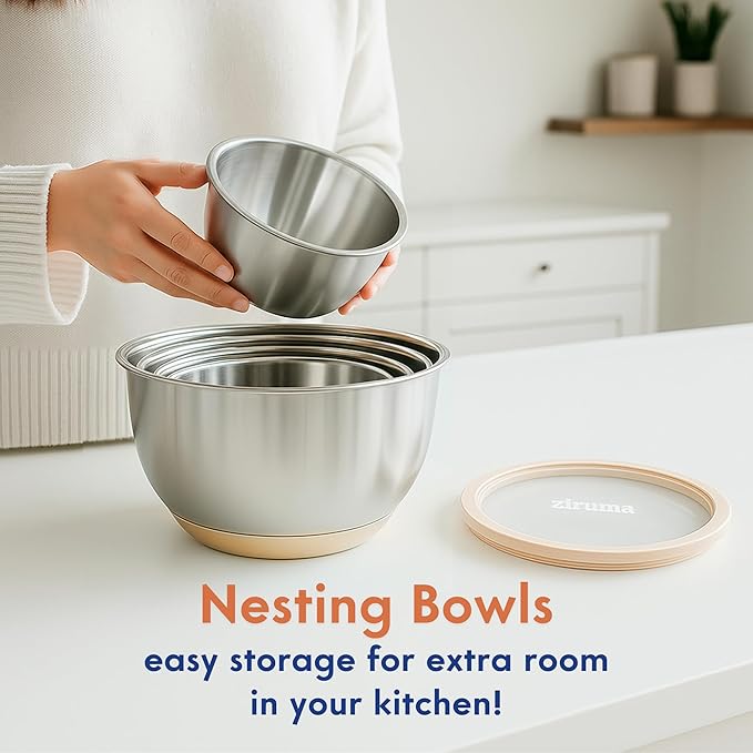 Ziruma Non-Toxic Mixing Bowls with Lids Set, Stainless Steel & Glass, 5 Pcs Plastic Free Bowls with Silicone Non-Slip Base, Dishwasher Safe Mixing Bowl Set