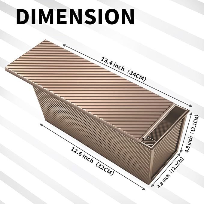 Pullman Loaf Pan with Lid 13x4, Large Bread Pan for Homemade Sandwich with Cover, 2.2lb Long Bread Loaf Tin for Sourdough, Nonstick & Easy Clean (Gold)