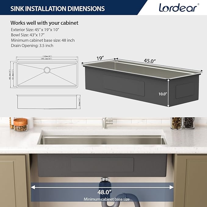 Lordear 45 Inch Undermount Kitchen Sink Ledge Workstation 16 Gauge Stainless Steel Single Bowl Under Counter Kitchen Sink with Built-in Accessories 45''x19''x10''