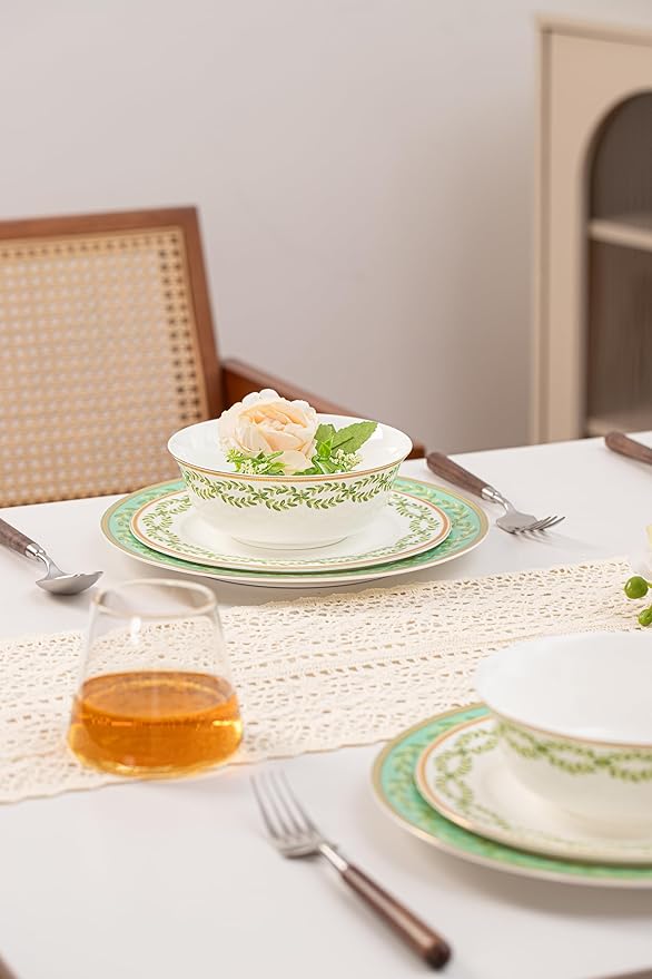 12-Piece Bone China Dinnerware Set with Gold Rim, Handcrafted Jingdezhen Design, Glazed Inner Patterns, Service for 4 – Green Collection