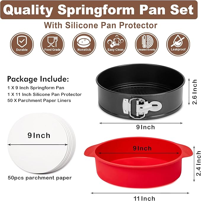 Springform Pan 9 Inch Nonstick, 9 Springform Cheesecake Pan with Silicone Protector, Leakproof Spring Form Pans for Cheesecake, 9 Inch Springform Cheese Cake Pans for Baking with 50 Parchment Paper