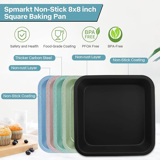 2-Pack 8x8 Square Cake Pan, Nonstick Brownies Square Cake Pan, 8 inch Square Baking Pan for Making Meat Dishes, Square Cake Pan for Beginners, Easy to Clean