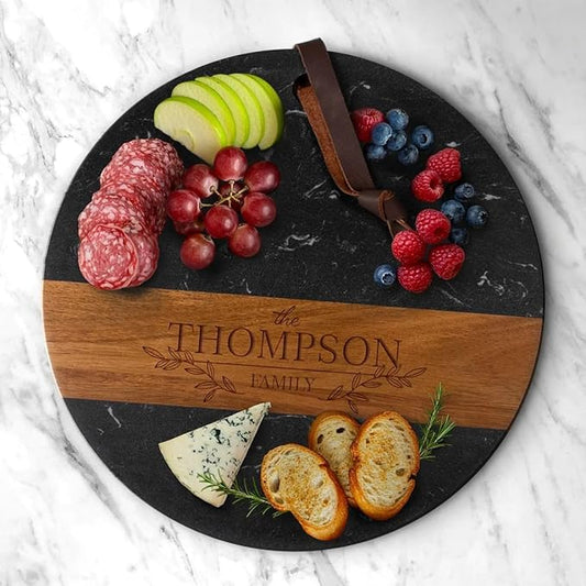 HomeWetBar Personalized Charcuterie Board | Custom 12" Round Black Marble & Acacia Wood Cheese Board | Perfect Housewarming + Wedding + Couples Gift Idea