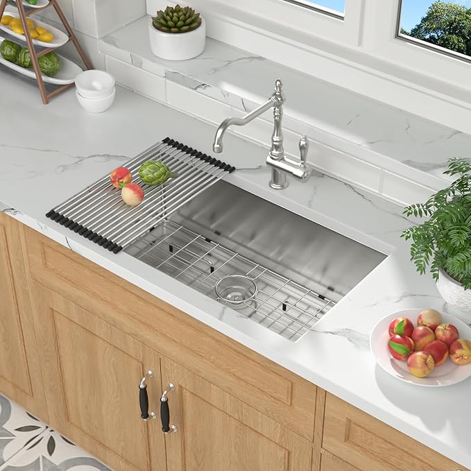 Mocoloo 33 Undermount Kitchen Sink - 33 x 19 Inch Kitchen Sink Undermount Stainless Steel 16 Gauge Single Bowl Under Counter Handmade with Offset Drain, 10'' Deep Basin