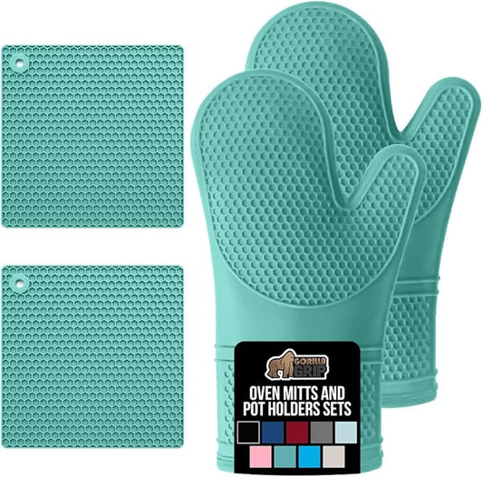 GORILLA GRIP BPA-Free Soft Silicone Oven Mitts and Pot Holders Sets, Heat Resistant Waterproof Cooking Gloves, Thick Cotton Lining, Flexible Gripping for Baking Grilling, Kitchen Trivets, Turquoise