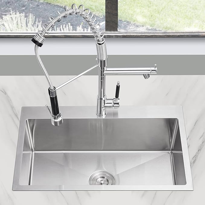 28 inch Drop-in Kitchen Sink, Topmount Kitchen Sink Single Bowl 304 Stainless Steel, 9 Inch Deep Handmade Overmount Sink with Strainer