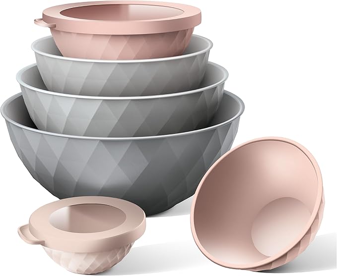 COOK WITH COLOR Mixing Bowls with Lids - 12 Piece Plastic Nesting Bowls Set includes 6 Prep Bowls and 6 Lids, Diamond Design - Microwave Safe, Pink and Grey