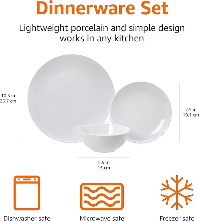 Amazon Basics Dinnerware Set, Microwave and Dishwasher Safe, Service for 6, 18-Piece Complete Kitchen, Plates, Dishes, Bowls, White Porcelain Coupe