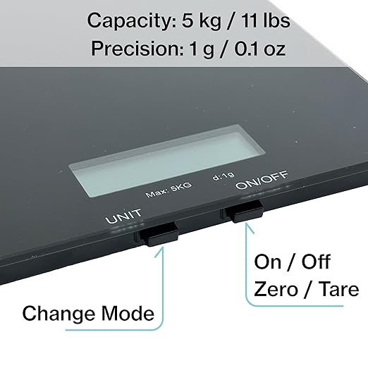Glass Platform Digital Kitchen Scale - for Food Coffee Lab - LCD Display gram Ounces lb:oz fl.oz ml - 11 LB/5 KG Capacity - Battery Included - Black by The Display Guys
