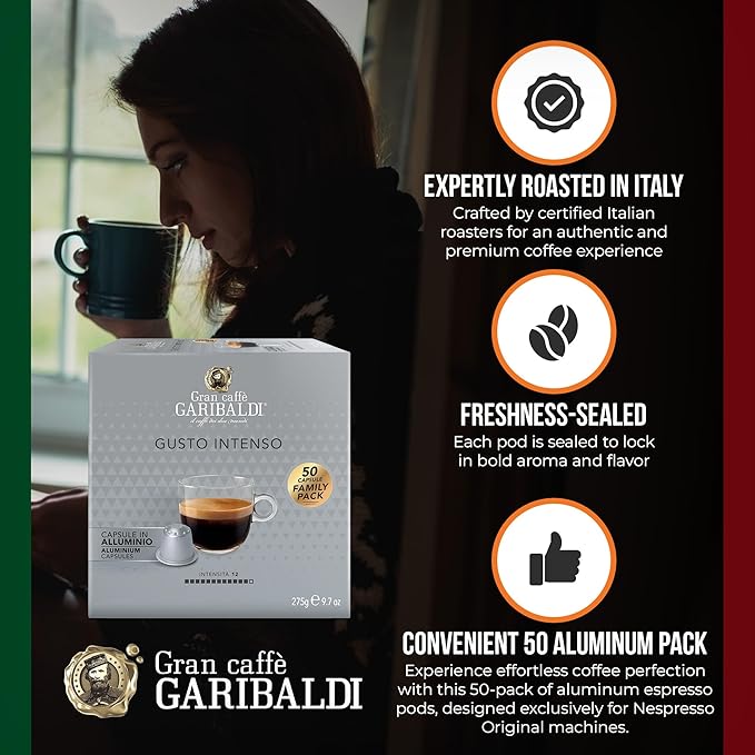 Gran Caffè Garibaldi Espresso Pods, Italian Roasted Coffee, Compatible Nespresso Original Line Machines, Nitrogen Flushed, Strong & Intense, Cocoa & Dried Fruit, Dark Roast - Gusto Intenso (Aluminum) 50 Cups