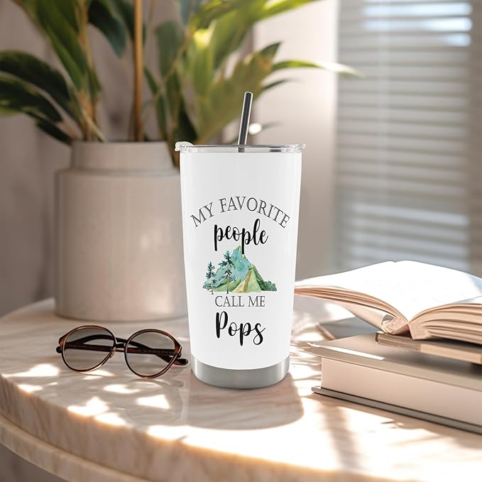 QASHWEY Pops Gifts Coffee Tumbler - Fathers Day Travel Tumbler Mug Gift for PopsGrandpa, PopsGifts from Grandkids, My Favorite People Call Me Pops Stainless Steel Tumblers with Straw and Lid 20 oz