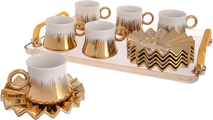 Turkish Coffee Cup Set of 6 with Saucers & Tray - Luxury Arabic Greek Japanese Marble Ceramic Tea Cups for Espresso Cappuccino Latte Mocha, Ideal Gift - 3.5oz,- White