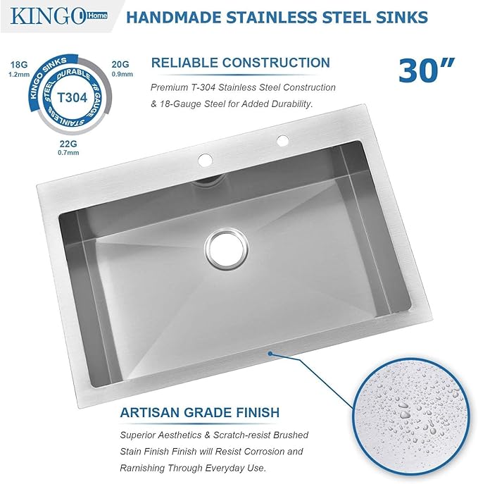 30 Inch Drop in Kitchen Sink, 30x18 Inch Brushed Nickel RV Laundry Utility Sink, Top Mount 16 Gauge Stainless Steel Single Bowl Deep Small Kitchen Sink