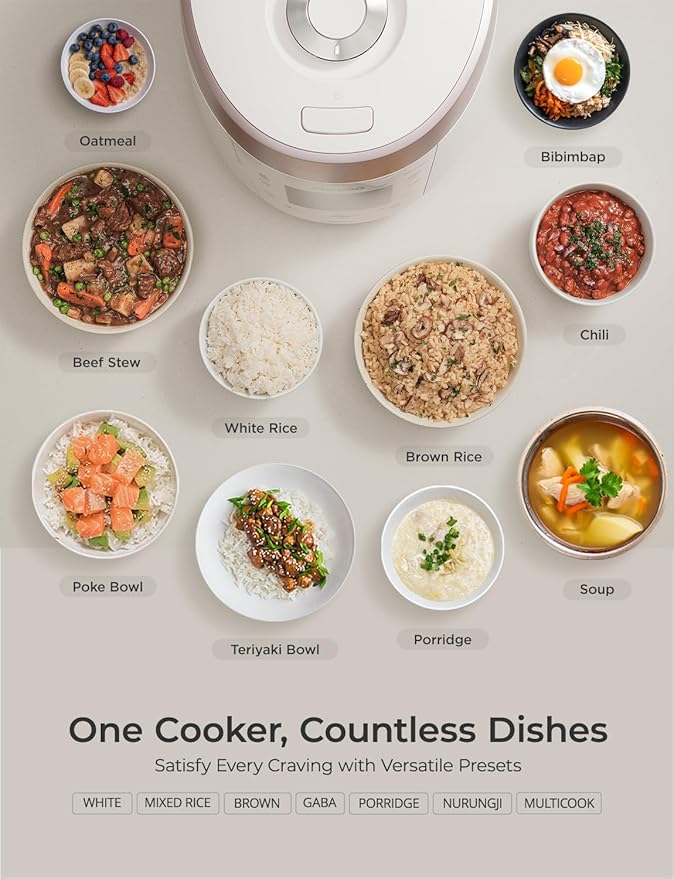 CUCKOO High Pressure Rice Cooker 10-Cup Uncooked / 20-Cup Cooked with Nonstick Inner Pot, Large Rice Maker with 13 Menu Options and Steam Plate, Fuzzy Logic Tech, Voice Guide, White (CRP-P1009SW)