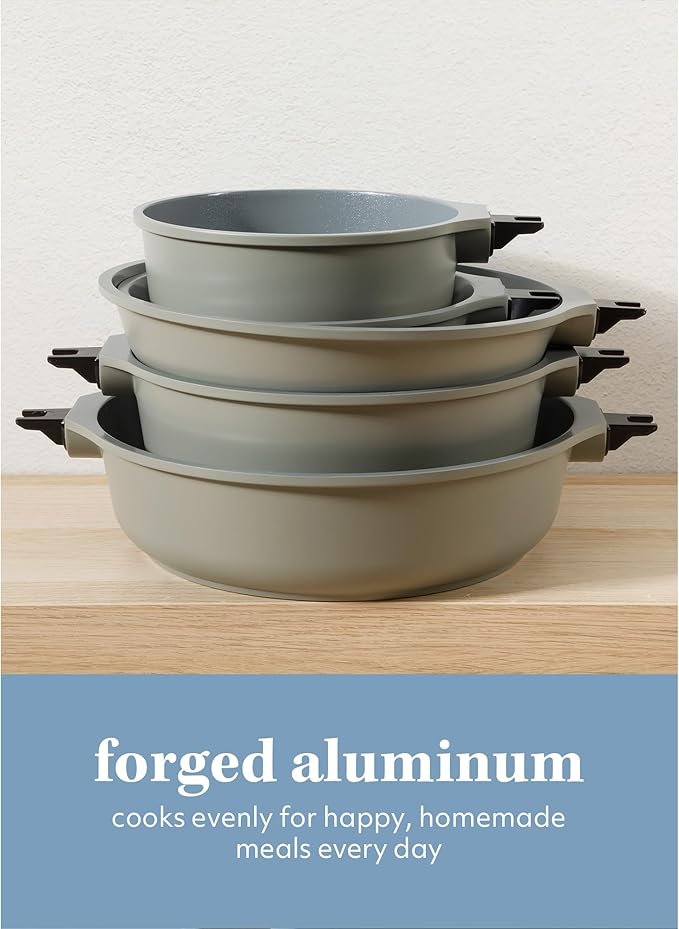 Sur La Table Kitchen Essentials 13 Piece Detachable Handle Pots and Pans Premium PFA Free Premium Ceramic Non Stick Induction Safe and Secure Removable Handle Cookware Set - Juniper Green