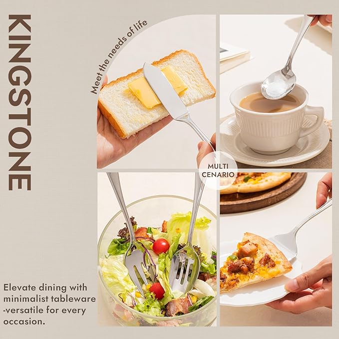 KINGSTONE 45 Piece Silverware Set for 8 with Serving Utensils, 18/10 Stainless Steel Flatware Set, Modern Design Cutlery Set for Home/Hotel/Wedding,Mirror Polished and Dishwasher Safe