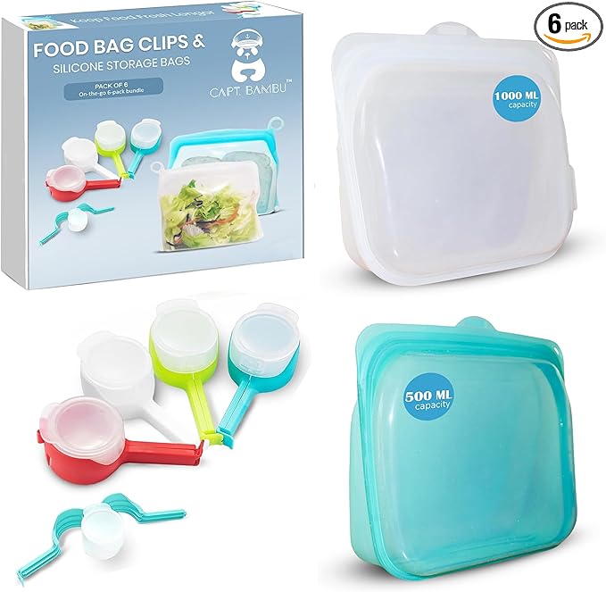 Silicone Food Storage Bags & Bag Clips with Pour Spout - Pack of 6 - Reusable, BPA-Free, Leak Proof Zip Bags – Freezer, Microwave & Dishwasher Safe – Airtight Food Storage & Sealing Clips for Snacks