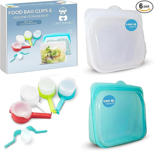 Silicone Food Storage Bags & Bag Clips with Pour Spout - Pack of 6 - Reusable, BPA-Free, Leak Proof Zip Bags – Freezer, Microwave & Dishwasher Safe – Airtight Food Storage & Sealing Clips for Snacks