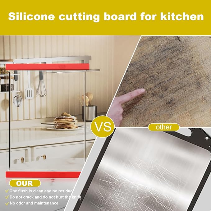 Tempered Glass Cutting Board with Juice Groove - 16x12 Inch Kitchen Cutting Board with Silicone Non-Slip Feet, Easy to Clean & Dishwasher Safe - Ideal for Vegetables, Fruits, Bread, Meats (Red)