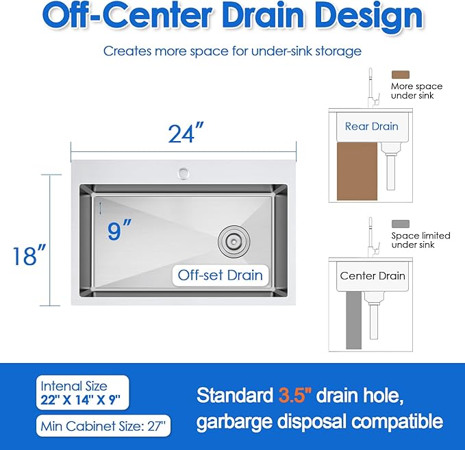 ROVOGO 24x18x9 in. Drop-in Kitchen Sink Single Bowl with Offset Drain Assembly and Bottom Grid, 304 Stainless Steel Handmade Modern Sink 1 Faucet Hole, Top Mount, Brushed