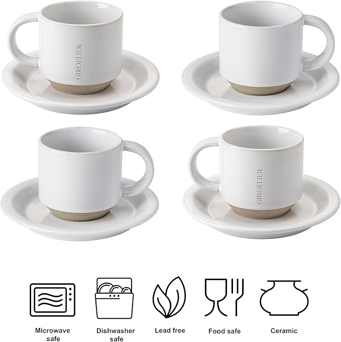 Oak Espresso Cups Set of 4, 3 oz Demitasse Cups, Modern Style, Microwave & Dishwasher Safe (Snow)