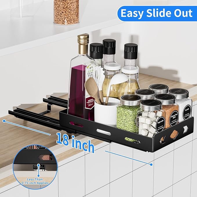 Pull Out Spice Rack Organizer for Cabinet, Heavy Duty-Slide Out Spice Rack, Vertical Spice Rack for Kitchen Cabinet and Pantry (6.3''Wx10.5''Dx2.8''H, Metal Black)
