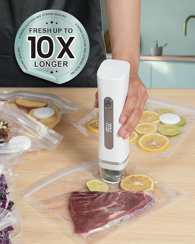 Fiii Portable Vacuum Sealer for Food, Compact Vacuum Sealer with Visible Water Tank, 30 Reusable Vacuum Bags, Handheld Sealer Machine, Pure White