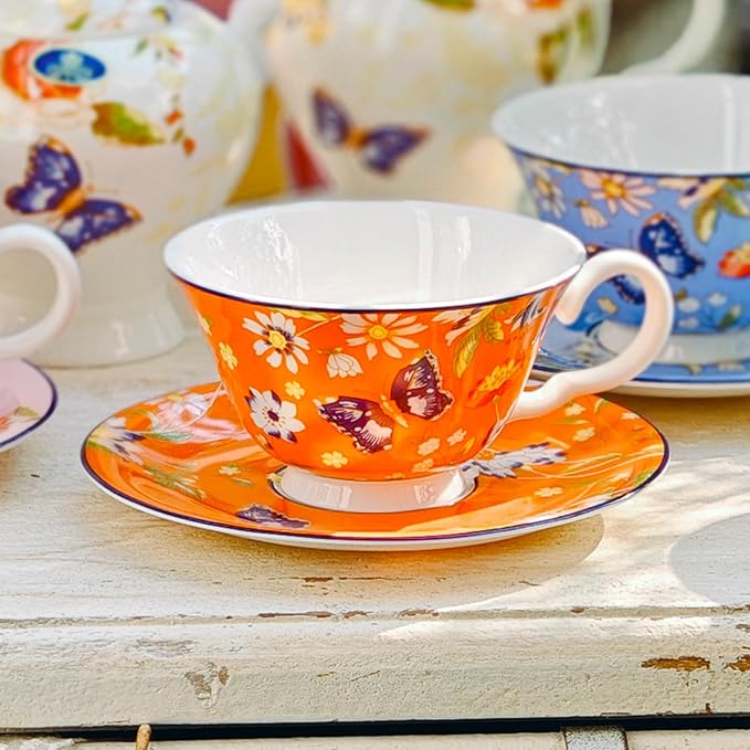Aynsley Cottage Garden Windsor Fine Bone China English Tea Cup and Saucer Set, 7.4 oz (Orange)