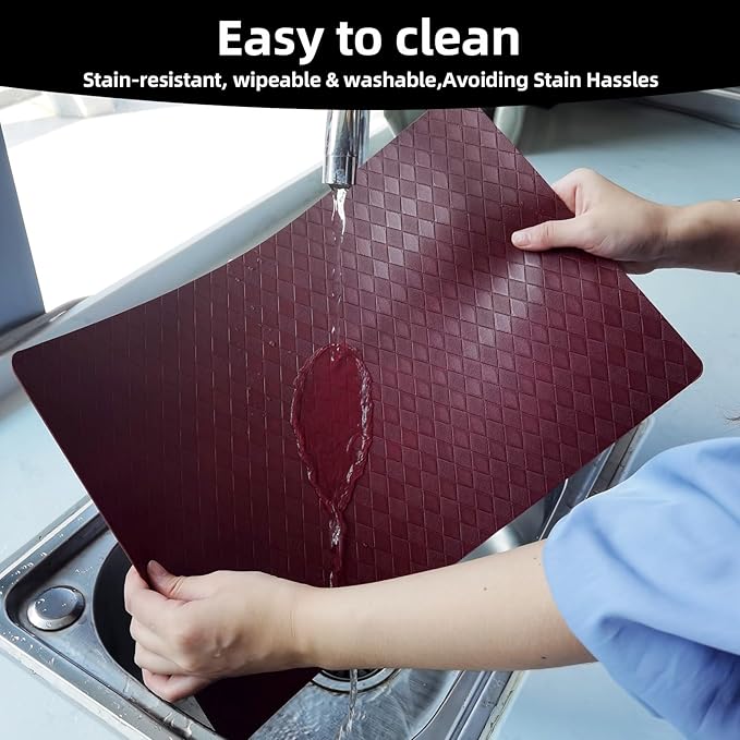 Vinyl Placemats Set of 6-12×17.7 Inch Waterproof & Heattable Placemats, Fall Faux Leather Wipeable Outdoor Table Mat for Dining, Kitchen, Indoor Outdoor Use (Grenadine Red, Diamond pattern)