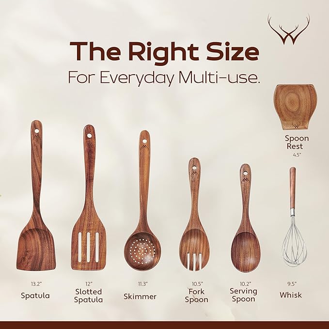 7 Pcs Teak Wooden Kitchen Utensils – Handcrafted Wooden Cooking Utensils Set with Holder, Elegant Wooden Spoons for Cooking & Timeless Utensil Set for Daily Use - Teak Utensils Set for Cooking