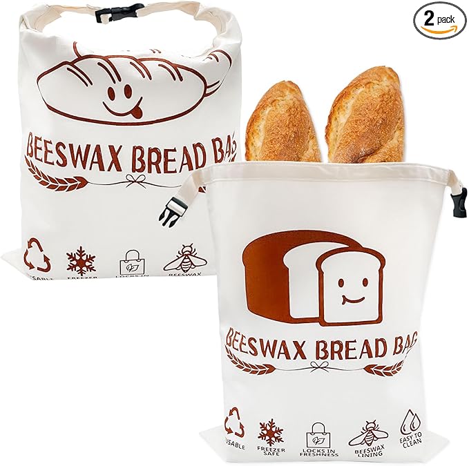 Beeswax Bead Bags, 2 Pack XL Reusable Bread Bags for Homemade Bread, Cute Design Linen Food Storage for Sourdough Homemade Loaf