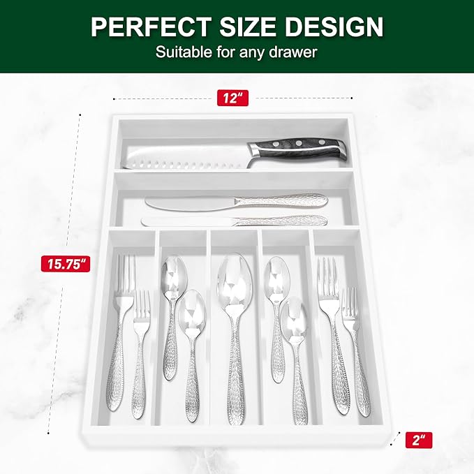 Bellsal White Utensil Organizer 12.5 Inch Silverware Tray for Drawer Utensil Holder Cutlery Organizer Kitchen Drawer Organizer 7 Compartment Small Narrow Bamboo