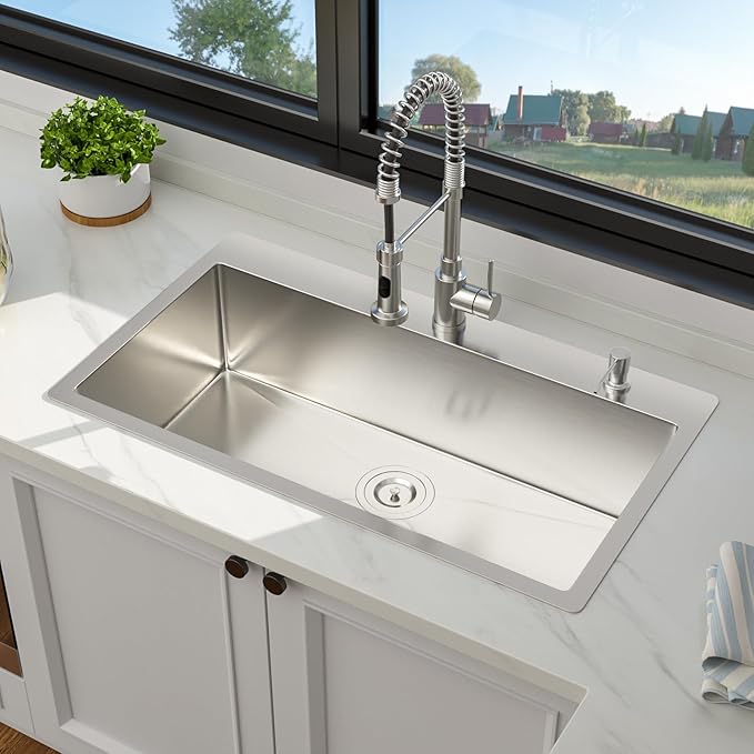 33 Inch Drop In Kitchen Sink - 33 x 19 Topmount Kitchen Sinks Stainless Steel 16 Gauge Single Bowl Handmade Top Mount Sinks with Offset Drainer