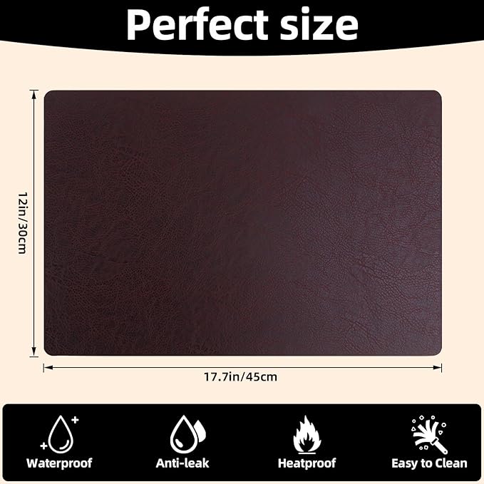 Vinyl Placemats Set of 6-12×17.7 Inch Waterproof & Heattable Placemats, Fall Faux Leather Wipeable Outdoor Table Mat for Dining, Kitchen, Indoor Outdoor Use (Coffee, Cowhide Grain)