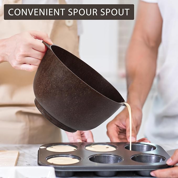 BoxedHome 4 Quart Large Plastic Mixing Bowls, Microwave Safe Mixing Bowl Set with Pour Spout, Nesting Bowls for Space Saving Storage(coffee)