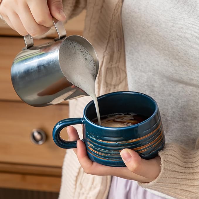 YUN TAO 4-Piece Ceramic Latte Cups with Saucers Set with Ergonomic Handles,Tea Mugs - Elegant Stylish Design for Home Office Cafe Perfect for Coffee Lovers-Birthday Gifts for Women