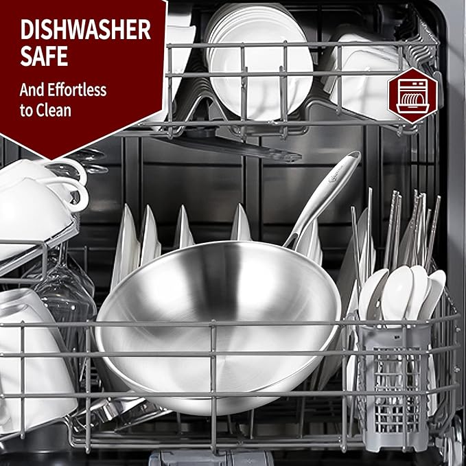 LOLYKITCH 12 Inch Tri-Ply Stainless Steel Wok Pan with Lid,Induction Stir-Fry Pan,Dishwasher and Oven Safe,Heavy Duty and Detachable Handle