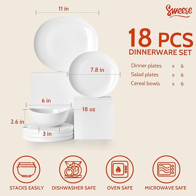 Sweese 18-Piece Dinnerware Sets for 6, Porcelain Plates and Bowls Set, Scratch Resistant Dishes, Microwave and Oven Safe Dishware, Snow White